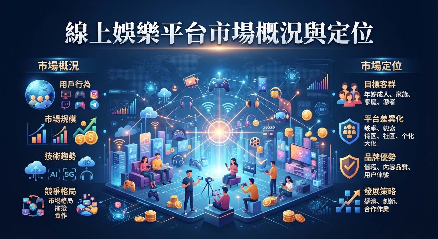 這是一張以「線上娛樂平台市場概況與定位」為主題的科技風格資訊圖表。 畫面中央展示了數位娛樂生態與全球網絡連結,頂部則清晰呈現主標題文字。