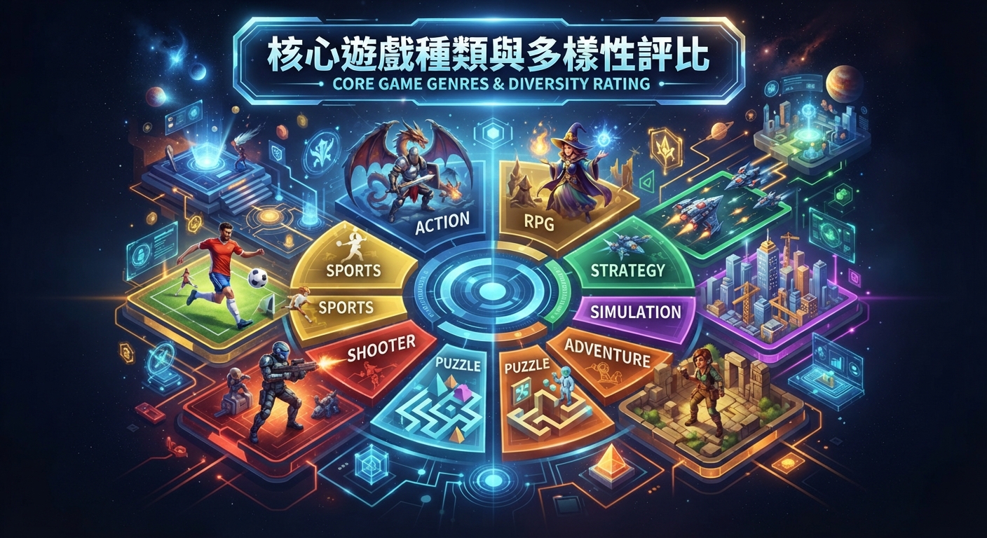 這張圖片展示了一個充滿科技感的遊戲種類與多樣性評比儀表板。 畫面中央融合了動作、角色扮演、策略等各種核心遊戲類型的豐富視覺元素。